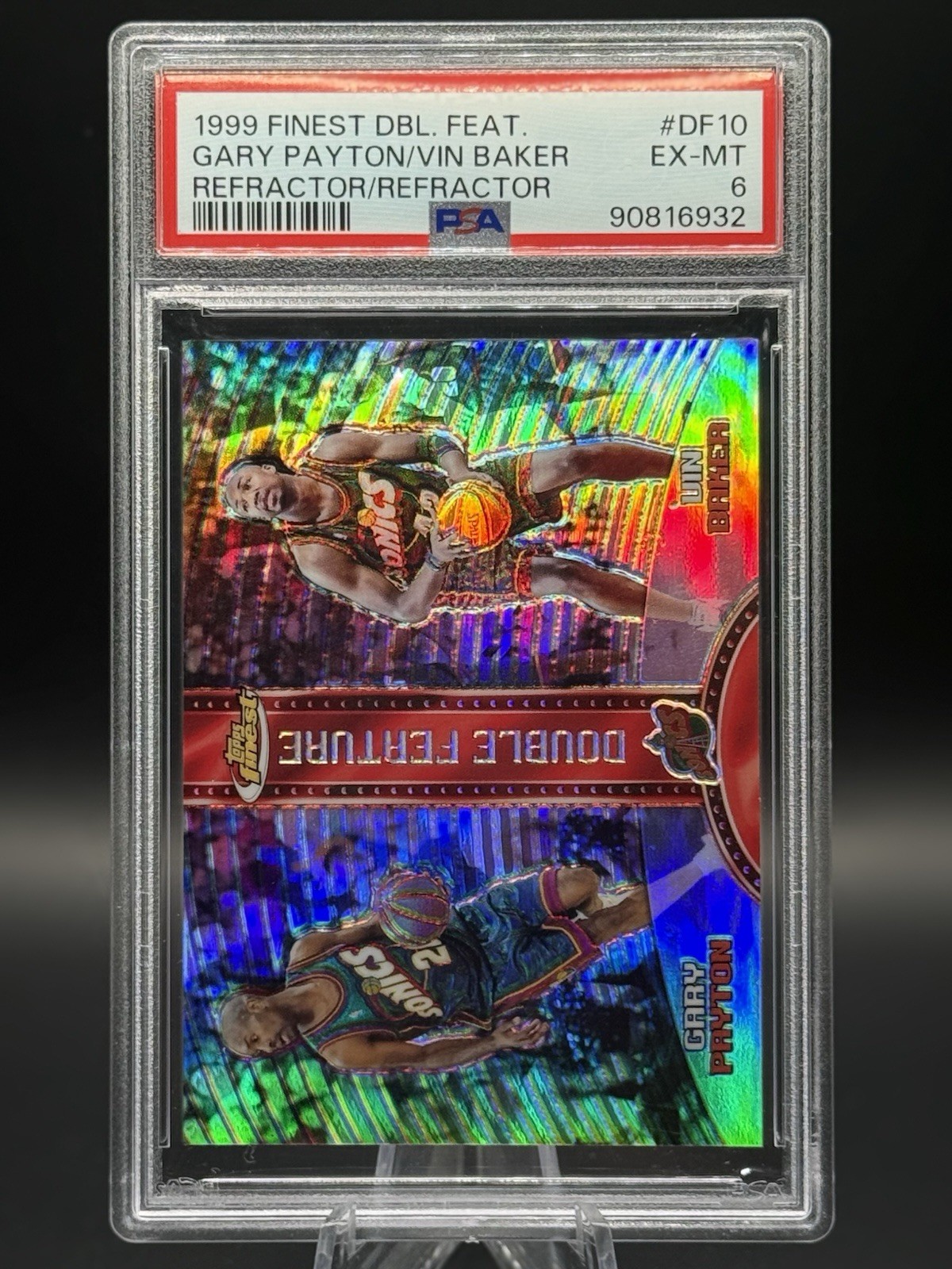 GARY PAYTON / VIN BAKER 1998-99 TOPPS FINEST DOUBLE FEATURE REFRACTOR PSA 6