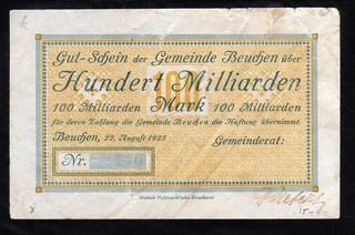 BEUCHEN GERMANY NOTGELD 100 BILLION MARK