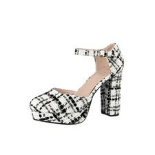NEW Allegra K Platform Heels Women 8 Tweed Ankle Strap Chunky Block Pump