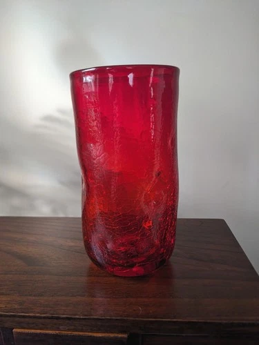 Vintage Blenko Tumbler Drinking Glass - Pinched Crackle Glass - Ruby Red