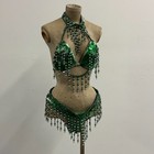 Vintage Green Sequin Showgirl Costume Set – Bra + Belt/Briefs Beaded Fringe