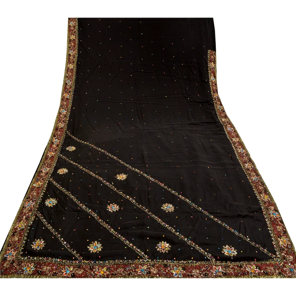 Tela de sari cultural con cuentas a mano 100 % seda pura saris negros vintage sánscriti Foto 2 de 4