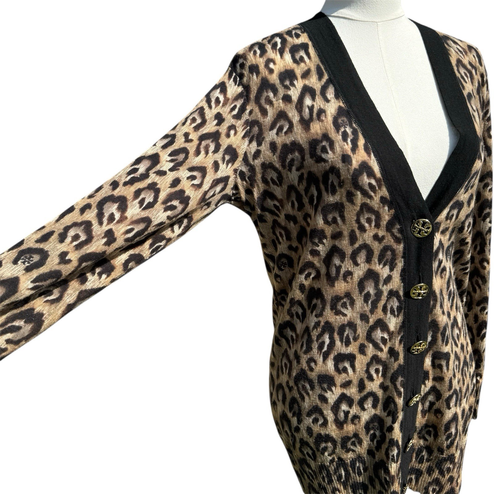Tory Burch Rare Women’s Leopard  Print Cardigan 100percent  Wool  Long Sweater  Size S