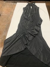 Black Maxi Evening Dress Gown Sleeveless Ruffle V-Neck Large 70% Polyester