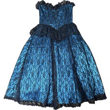 Vintage Gunne Sax x Jessica McClintock Blue  Black Lace Tulle Corset Dress