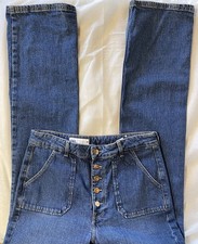 ZARA, Womens 10 High Waisted Gold Exposed Button Fly Blue Jeans, EUC