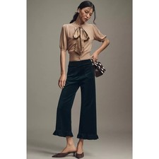 Anthropologie Maeve The Colette Crop Velvet Ruffle Hem Pant Dark Hunter Green 32