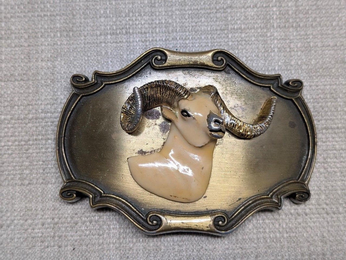 Vintage belt with ram head Solid Brass Sheep Ram Olivewood Trinity Buckle Co. Vintage  main image 2