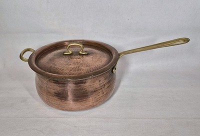 Antique Copper Pot Sauce Hand Hammered Pan & Lid Brass Handles