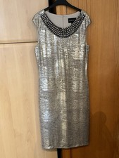 Vestido de cóctel Frank Lyman talla 38 forrado perlas doradas finas Año Nuevo