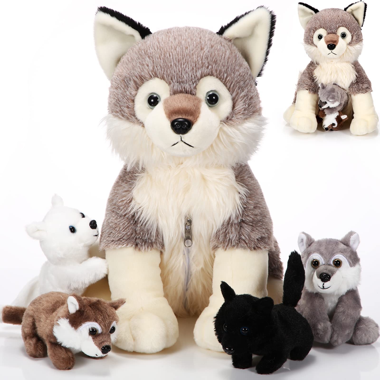 Jouet de maman louve en peluche de 35cm et ses 4 bébés pour partager des moments de tendresse