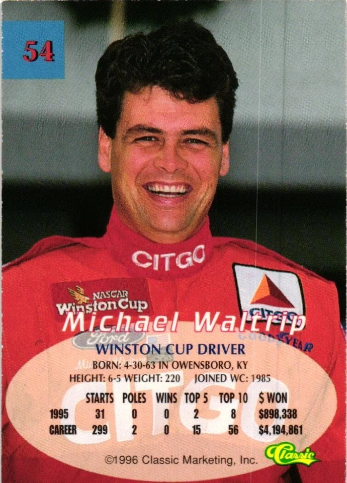1996 Classic Michael Waltrip #54 w/Autograph NrMt+ - Image 2 of 2