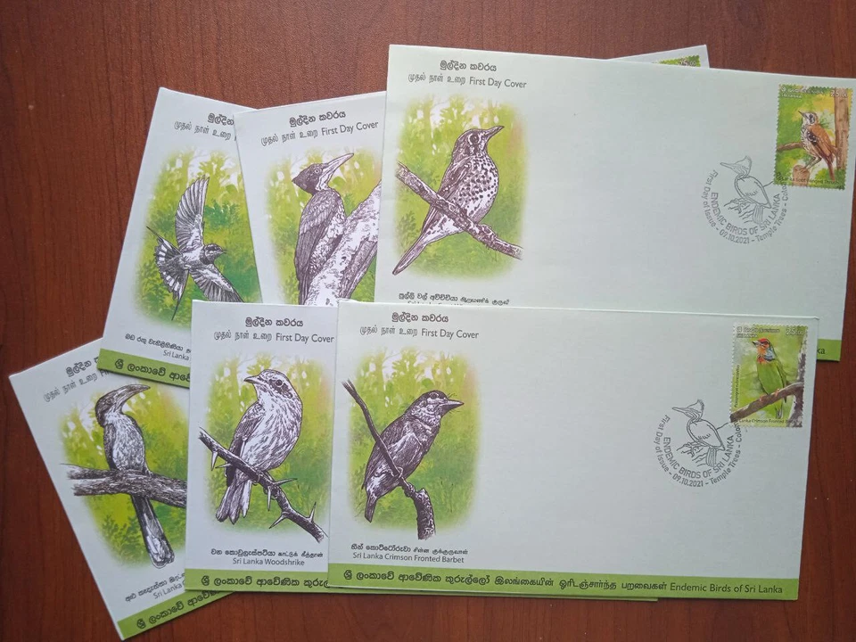 Selos do SRI LANKA AVES ENDÊMICAS DO SRI LANKA 2021 CONJUNTO DE 6 FDCs lote animais selvagens - Imagem 2 de 3