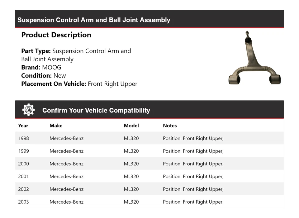 Рычаг управления передний правый верхний для Mercedes-Benz ML320 1998-2003 годов выпуска MOOG 1998 1999 - Изображение 2 из 4
