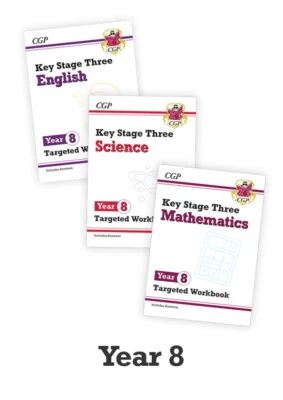 New CGP Year 8 Catch Up 3-book Bundle:Maths, English & Science Targeted Workbook