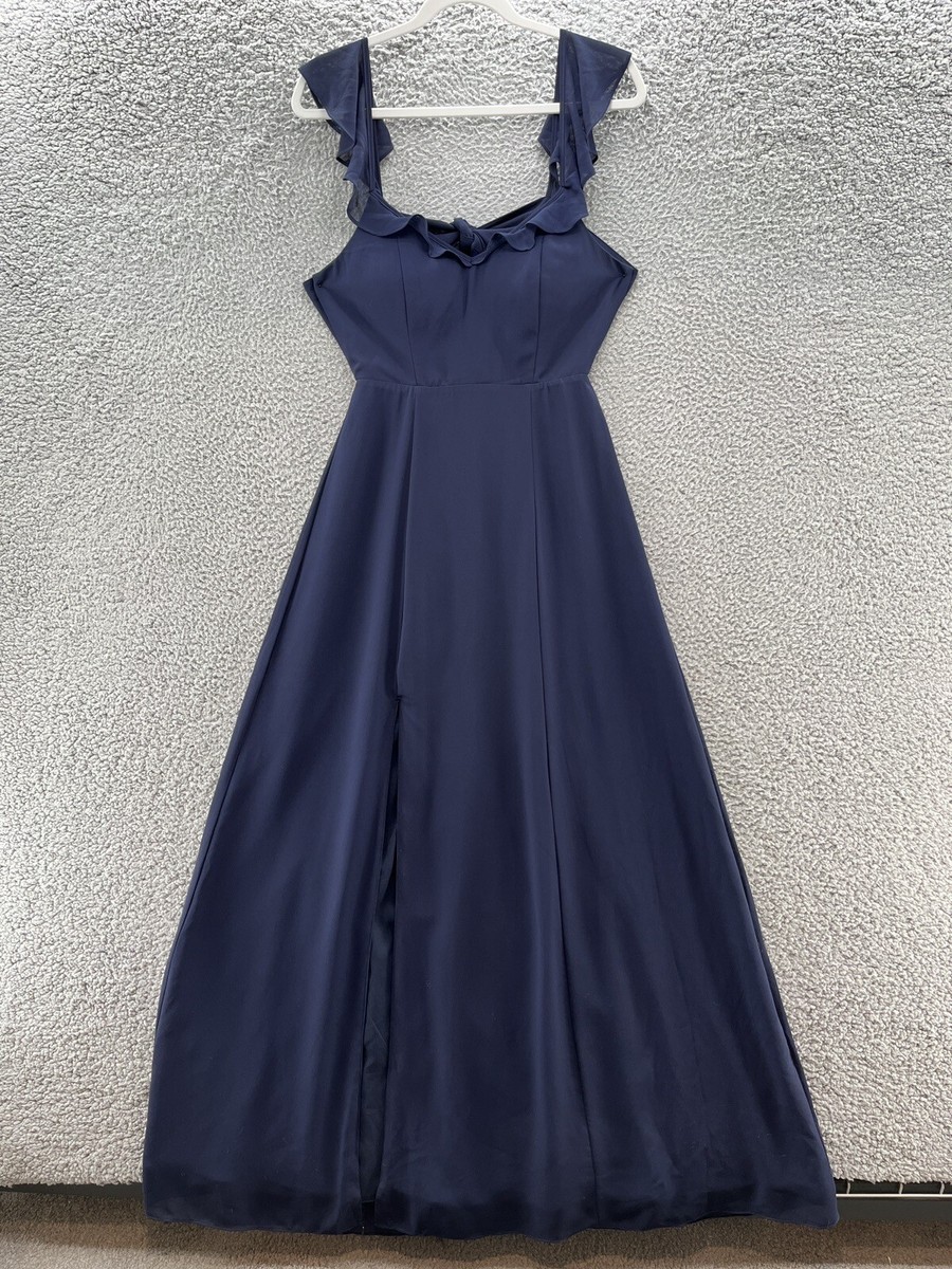 light navy blue bridesmaid dresses Wedtrend Dark Navy A Line V Neck Floor Length Long Chiffon Bridesmaid Dress  With Slit Wedding Party Dress – WEDTREND main image 1