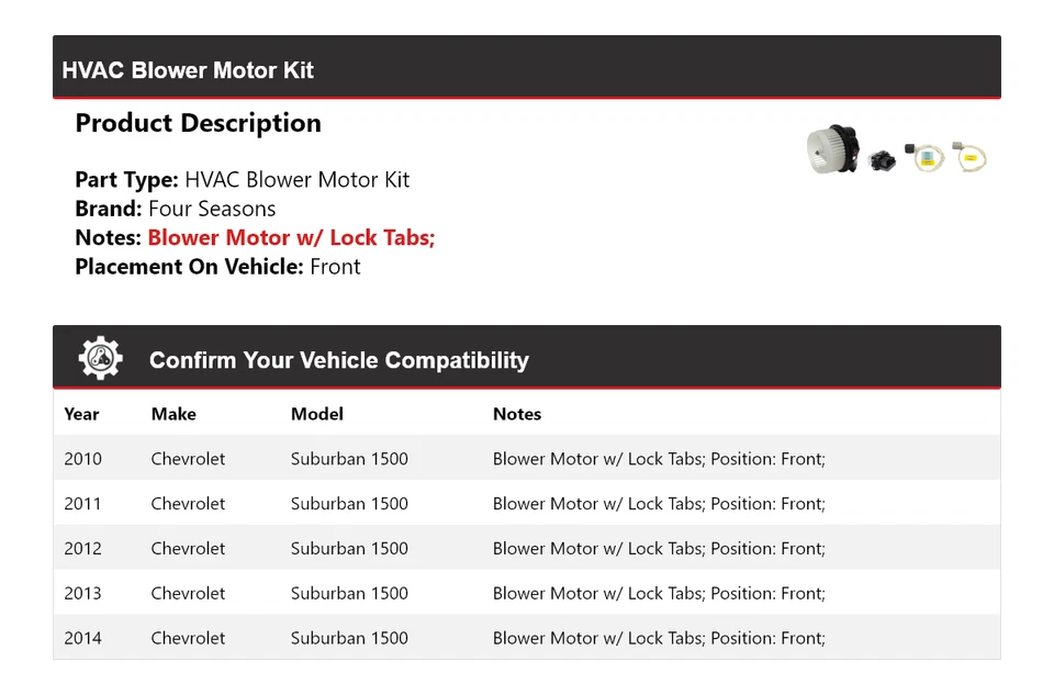 Kit de motor soplador de climatización delantero 4 estaciones 2011 para Chevrolet Suburban 1500 2010-2014 Foto 2 de 3