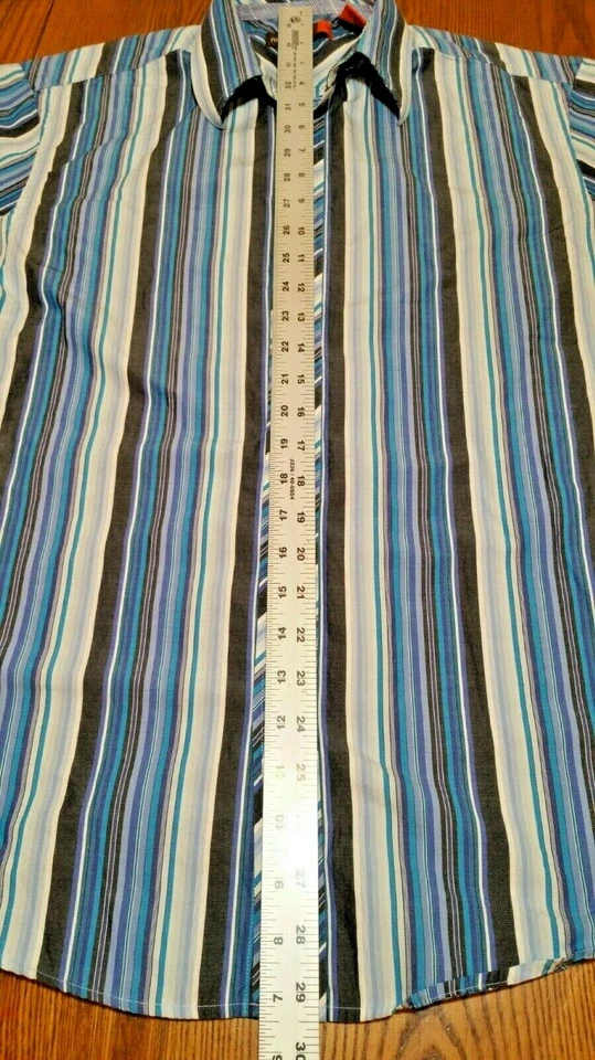 Camisa de vestir mediana a rayas azul puño abatible manga larga frontal con botones NYNE para hombre Foto 3 de 4