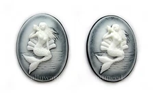 2 White MERMAID with Seashell on misty BLACK Vertical 40mm x 30mm craft CAMEOS 