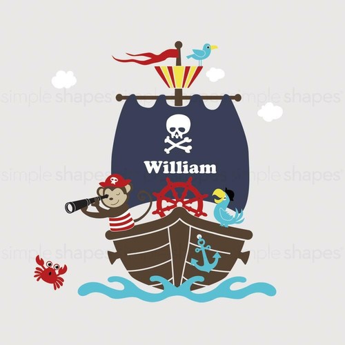 Monkey with Pirate Ship Wall Decal Set - Personalized Name - Picture 4 of 7