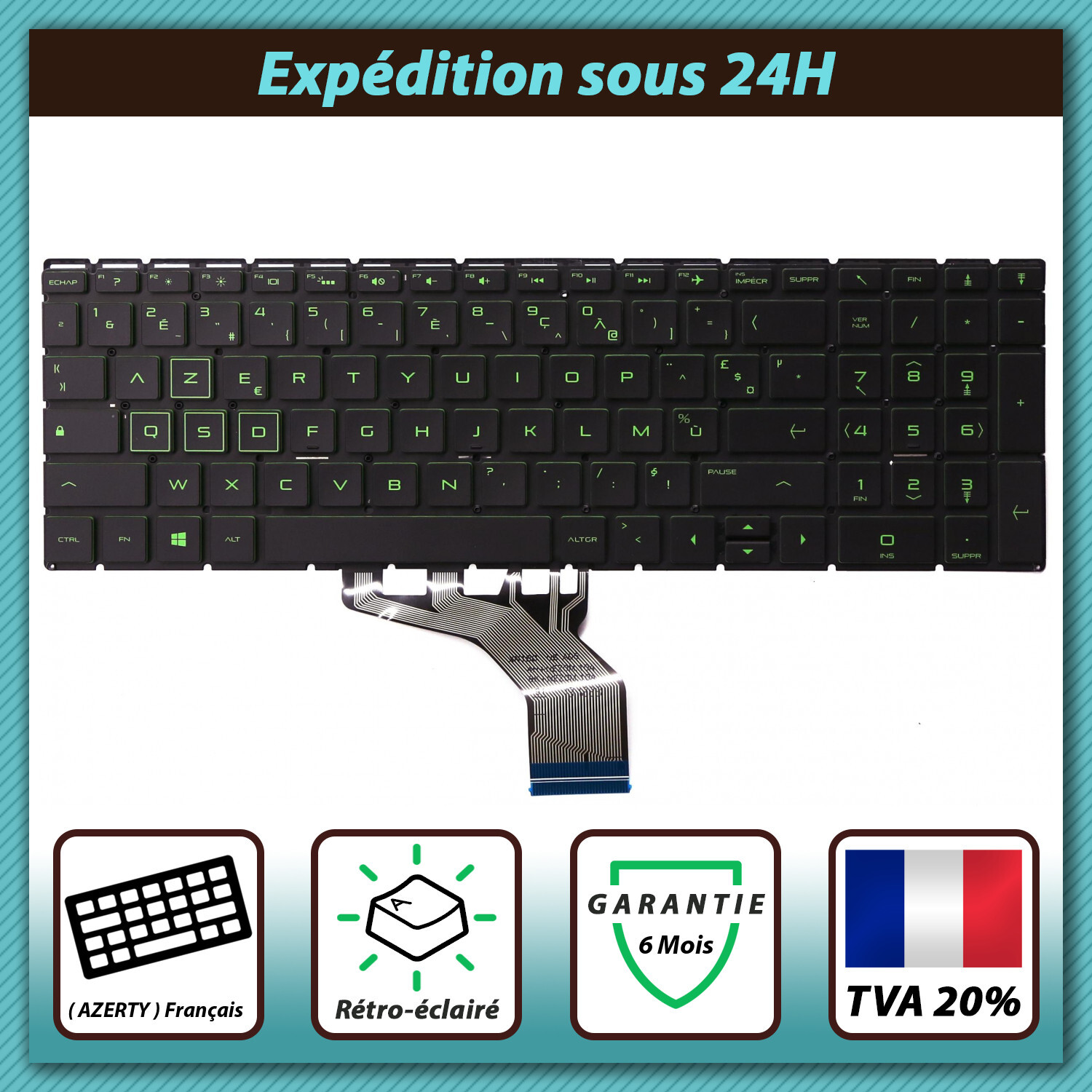 Clavier français HP Pavilion 15-DK1160NF de rechange avec touches rétroéclairées vert