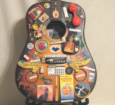 UNIQUE VINTAGE GUITAR ART - COMPLETELY DECORATED with WHIMSICAL VINTAGE ITEMS