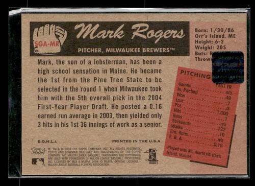 2004 Bowman Heritage Mark Rogers Signs of Greatness Autograph Auto U4959 - Picture 2 of 2