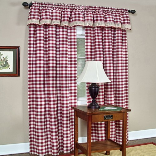Burgundy Checkered Plaid Gingham Kitchen Window Curtain Drapes Panel Valance - Picture 4 of 26