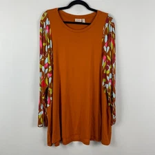 LOGO by Lori Goldstein Rayon 230 Long Sleeve Print Mix Top 3X Rust Orange