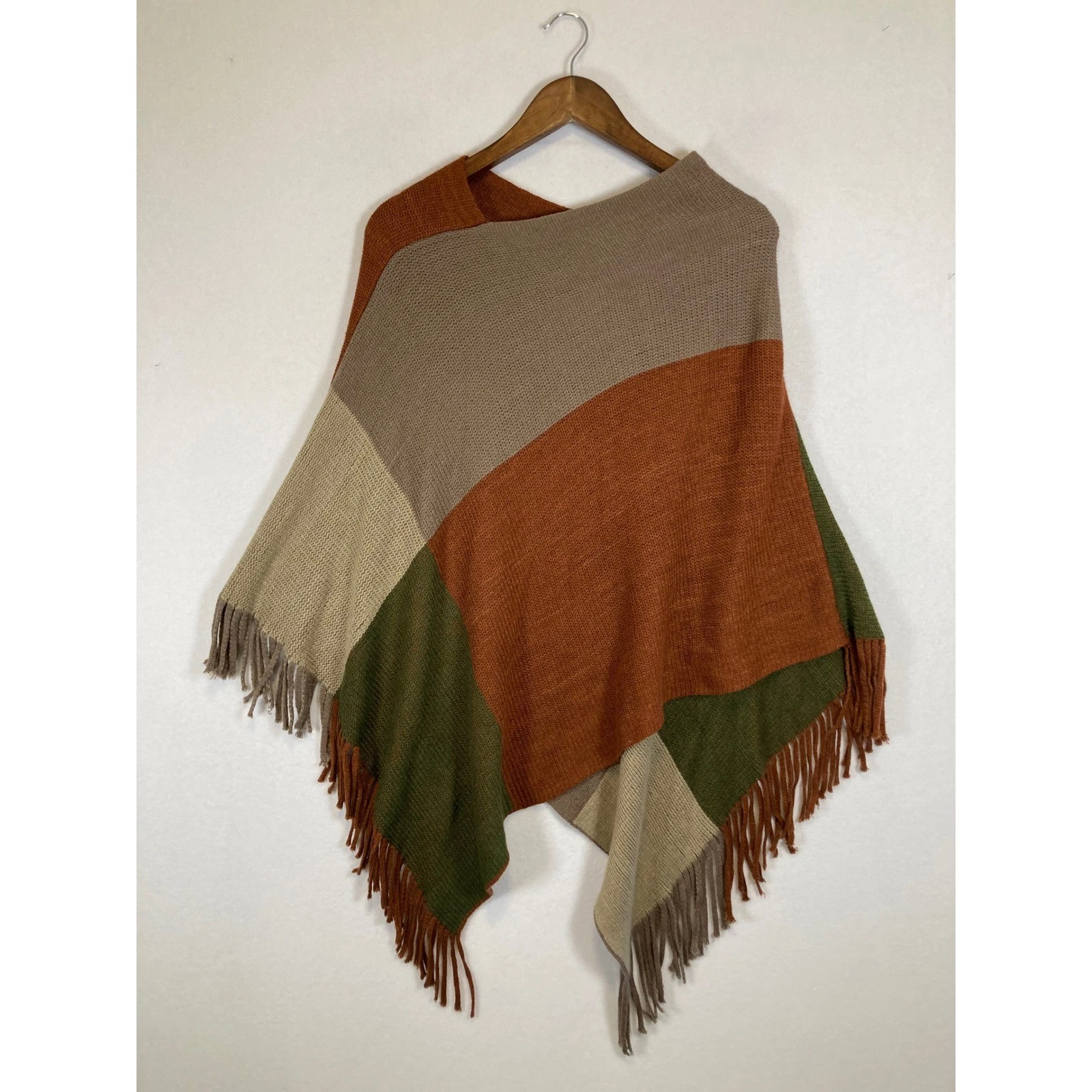 Boho Earth Tone Layering Womens One Size Multi Colorblock Fringe Knit Poncho