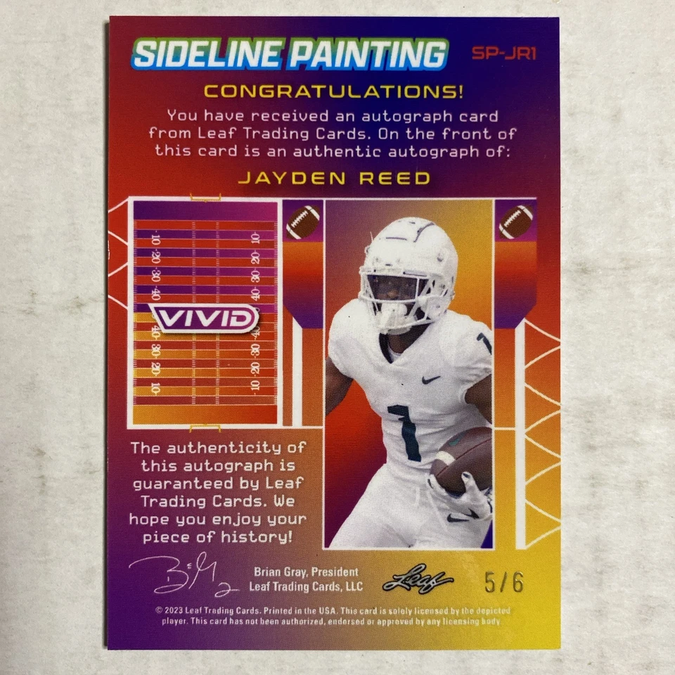 2023 Leaf Vivid White Sideline Painting Jayden Reed ROOKIE Auto 5/6 S2 - Image 2 of 2