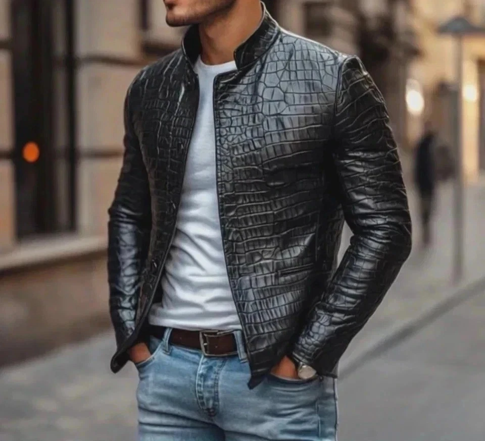 Men’s Designer Black Crocodile Pattern 100% Real Leather Luxury Jacket Coat - Image 2 of 3