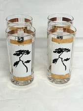 Set Of 4 Vintage Anchor Hocking Far East Highball Glasses Gold Bonsai MCM
