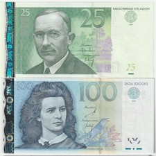 Estonia Lot 2 25 100 Krooni Banknote 2002 Uncirculated Condition P#84-B,88-B