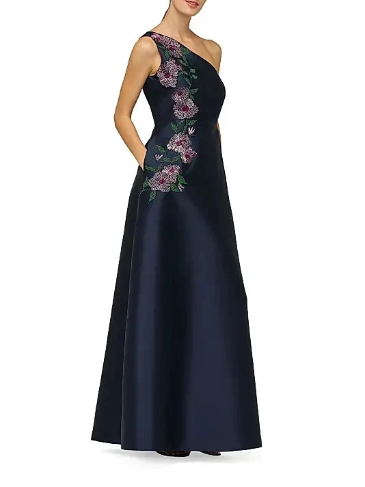 Vestido Kay Unger Azul Oscuro Medianoche Giada Floral Cuentas Un Hombro Talla 12 $398 Foto 2 de 4
