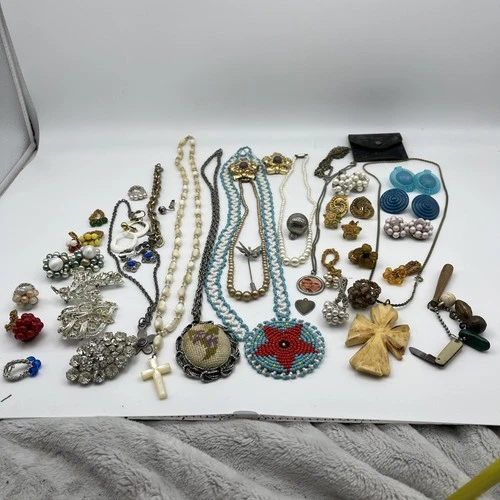 LOT of  Costume Estate Jewelry Sterling, Pearls, Old Vintage Indian Clip On Bone