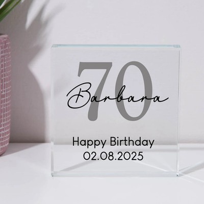 Personalisiert 70. Geburtstag Name Glas Quadrat Block UV Bedruckt Bunt Geschenk 