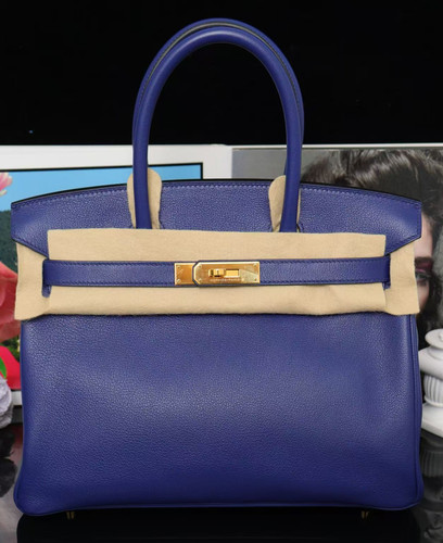 Hermes Birkin 30 7T Electric Blue  Leather Gold Hardware Handbag Auth-