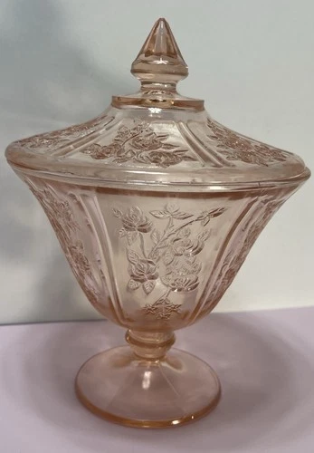 Vintage Pink Depression Glass Candy Dish "Sharon Cabbage Rose" Jar w/ Lid