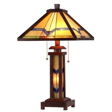 ALEXANDER Tiffany-style 3 Light Mission Double Lit Wooden Table Lamp 15" Shade