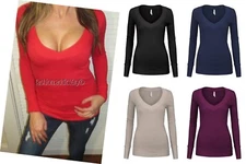 WOMEN'S SEXY LIGHT KNIT STRETCH LAYERING V NECK SWEATER TEE T-SHIRT TOP SLIM FIT