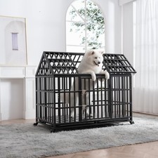 Heavy Duty Dog Crate Kennel Metal Pet Cage 2 Door With wheels Removable Tray