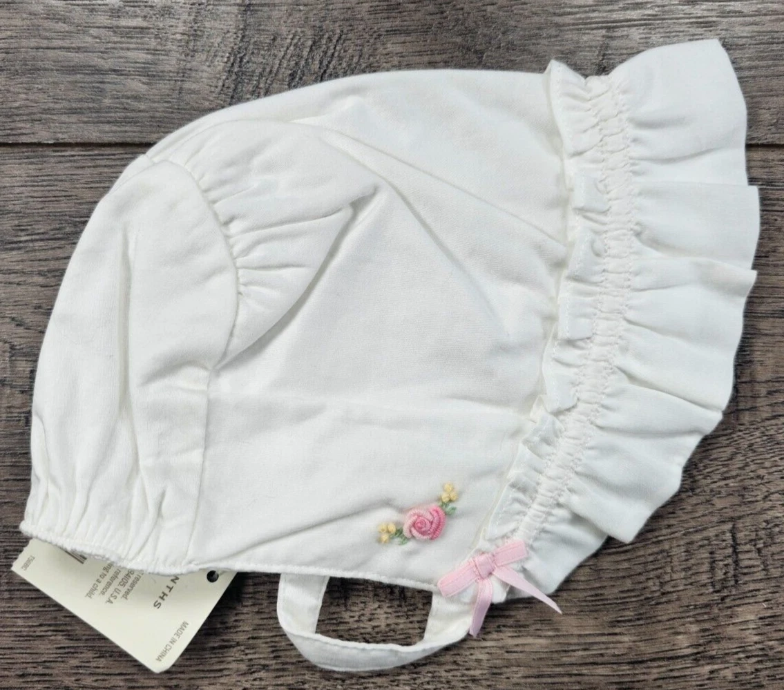 Baby Girl New Janie & Jack 0-3 Month White Tiny Flower Bonnet Hat