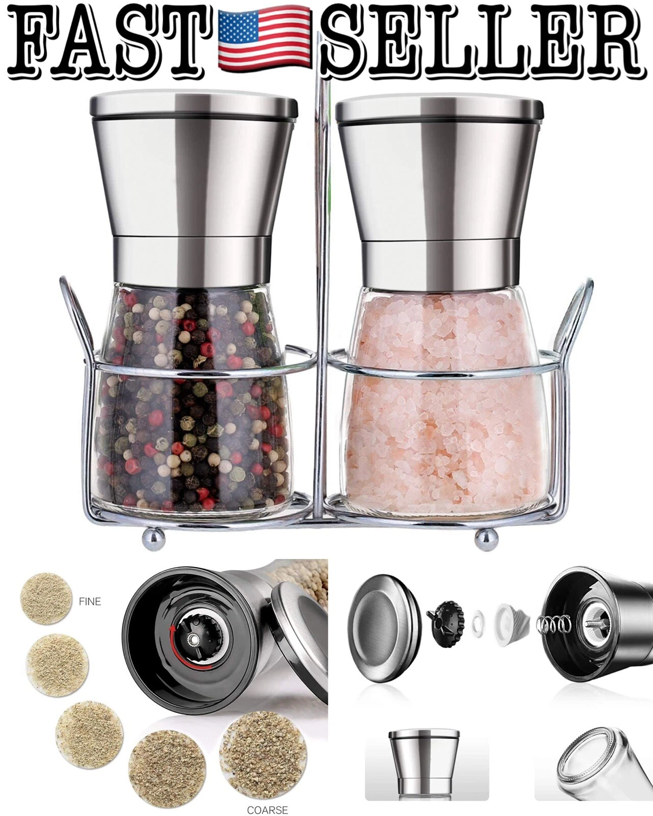 Stainless Steel Salt and Pepper Grinder Set With Stand - Adjustable Coarseness