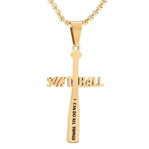 Gold/Silver Softball Bat Cross Pendant Bible Verse Stainless Steel Necklace - Picture 8 of 14