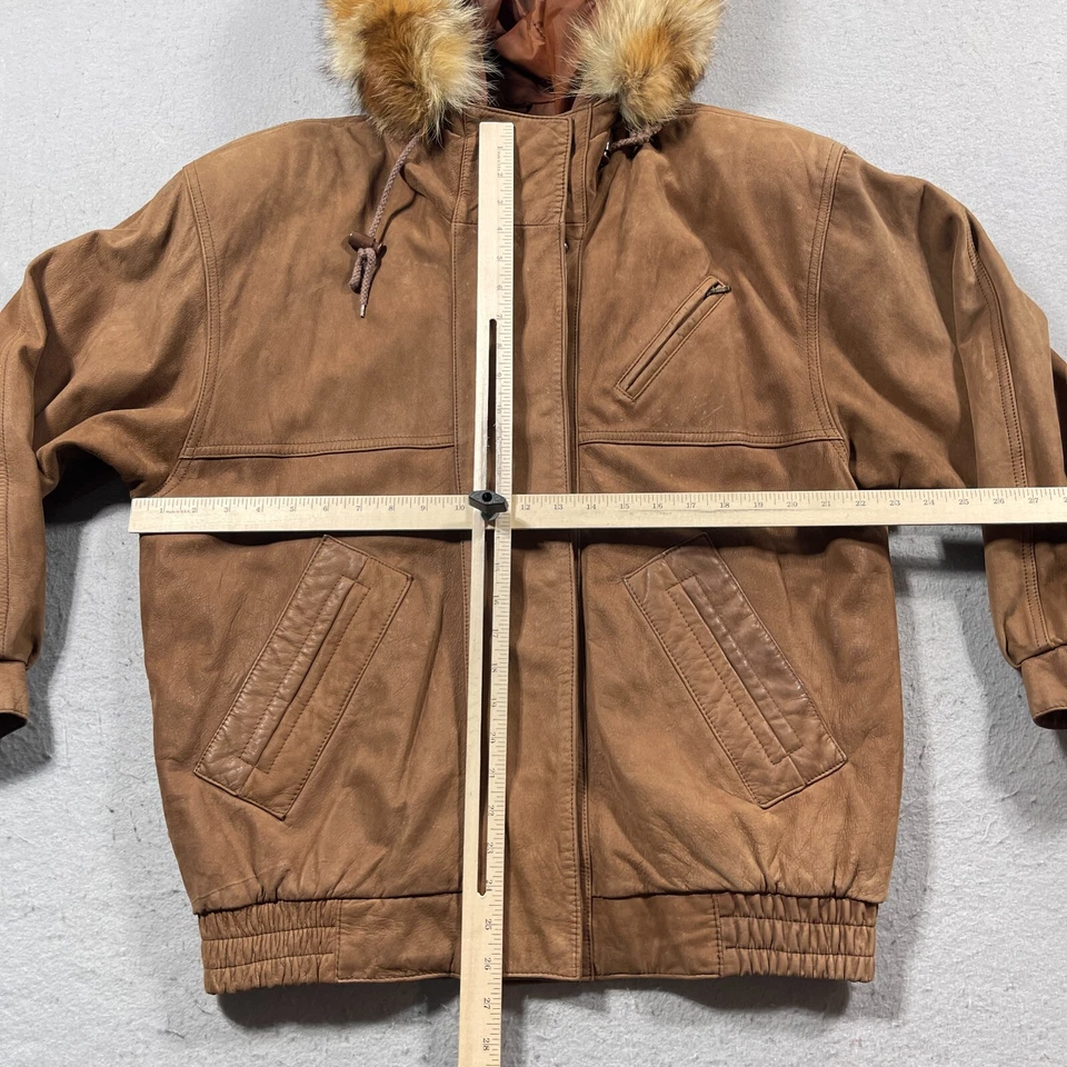 Kent Street Jacket Men M Brown Leather Faux Fur Trim Hood Bomber Korea Vintage - Image 4 of 4