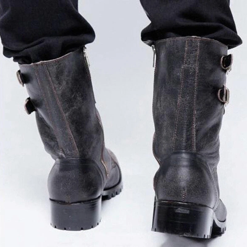 Men's Cowboy Military Punk Comfortable Leather Buckle Combat Mid Calf Army Boots Foto 4 de 4