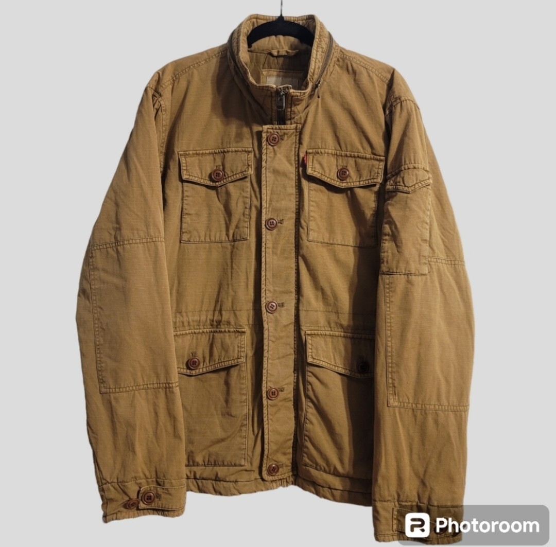 02M685◯ Levi's 中綿 ミリタリー ワーク フィールドジャケット M LEVI'S Field Jacket Men's XLarge Tan RipStop Quilted Hooded
