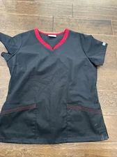 U A Scrubs Brand SCRUB TOP  Size M Short Sleeves V-Neck Black Red  BP23