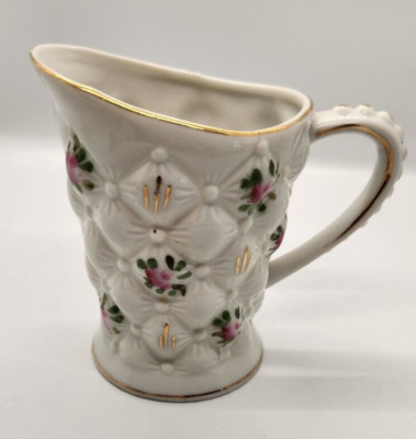 Vintage Enesco Quilted White With Red Roses Creamer Gold Gilded Raised Roses